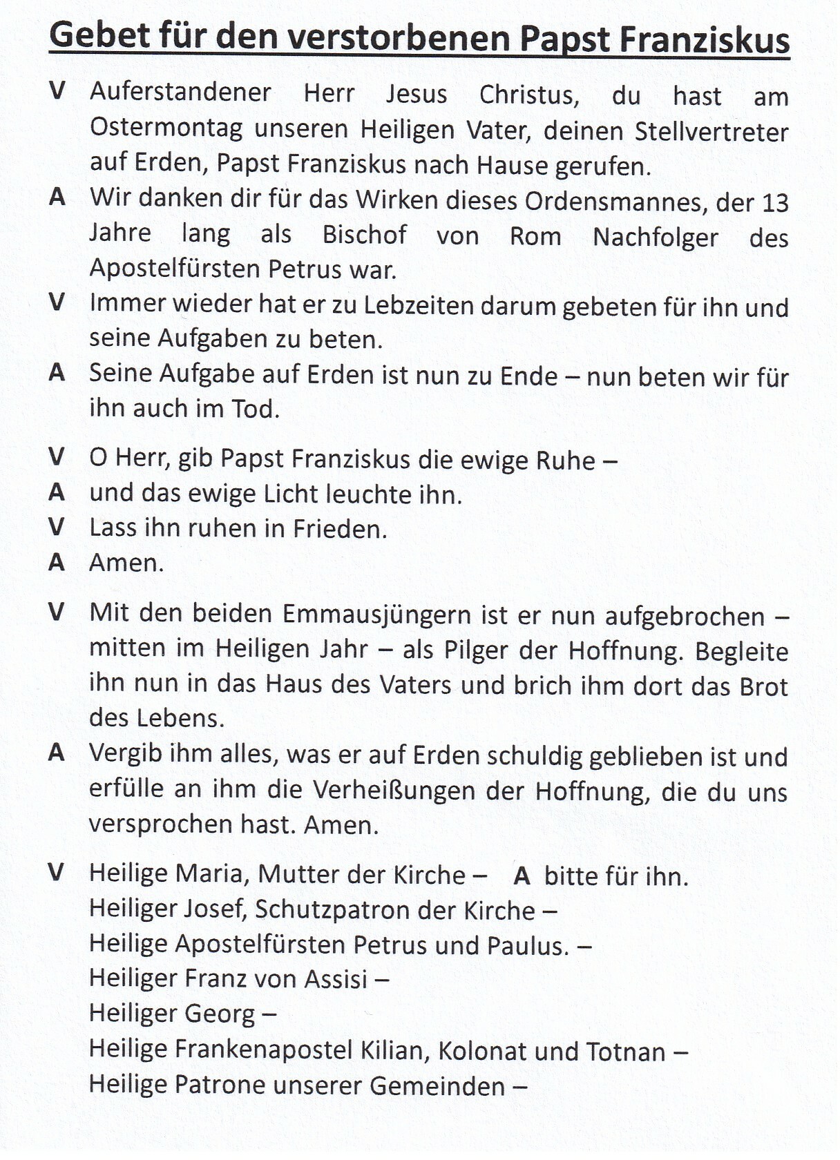 Gebet für den verstorbenen Papst Franziskus